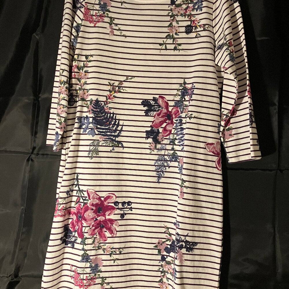 Joules tee dress white, blk stripe floral size 8